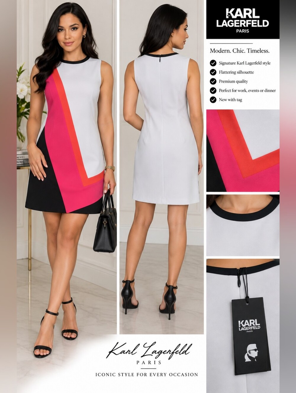 Karl Lagerfeld White Mini Dress with Pink, Red and Black Colorblock
